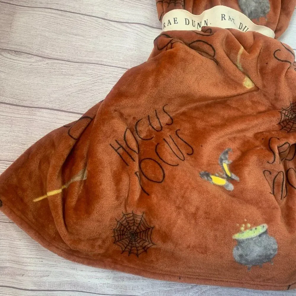 Rae Dunn Hocus Pocus Blanket Orange with Cauldron Broom Witch Hat Shoes 50x70